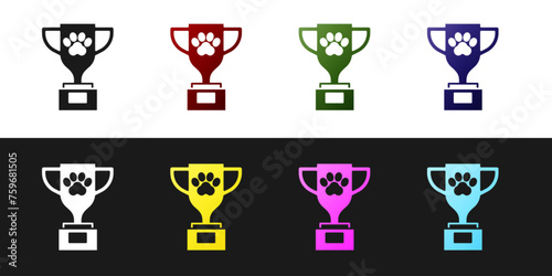 Set Pet award symbol icon isolated on black and white background. Medal with dog footprint as pets exhibition winner concept. Vector