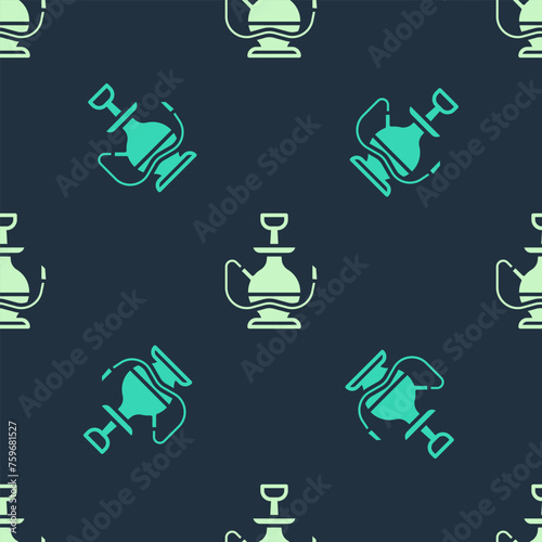 Green and beige Hookah icon isolated seamless pattern on blue background. Vector