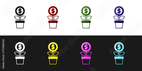 Set Dollar plant icon isolated on black and white background. Business investment growth concept. Money savings and investment. Vector