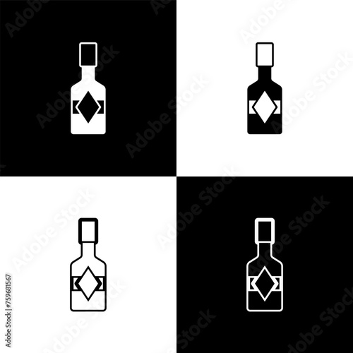 Set Tabasco sauce icon isolated on black and white background. Chili cayenne spicy pepper sauce. Vector