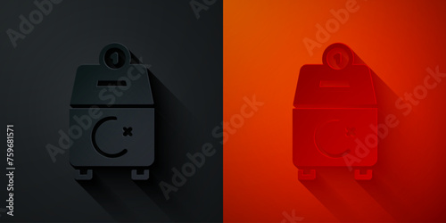 Paper cut Donate or pay your zakat as muslim obligatory icon isolated on black and red background. Muslim charity or alms in ramadan kareem before eid al-fir. Paper art style. Vector