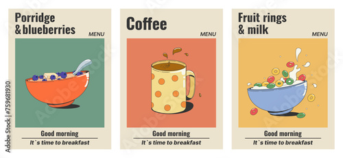 A set of menu covers, posters with a healthy breakfast: porridge with blueberries, coffee, crispy fruit rings with milk. Vector illustration in retro style of the 50s, 60s-70s.