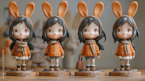 A cute girl in the style of gongbi, whimsical figurines, photorealistic, 8K 3D, anthropomorphic shapes, different moods, multiple poses and expressions, dark beige and orange photo