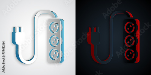 Paper cut Electric extension cord icon isolated on grey and black background. Power plug socket. Paper art style. Vector