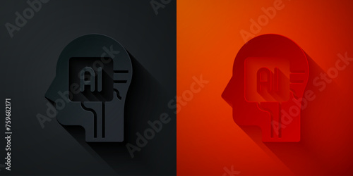 Paper cut Humanoid robot icon isolated on black and red background. Artificial intelligence, machine learning, cloud computing. Paper art style. Vector