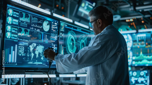 A scientist in a white coat carefully calibrating laboratory equipment against a backdrop of futuristic technology, with monitors displaying real-time data analysis. 8K