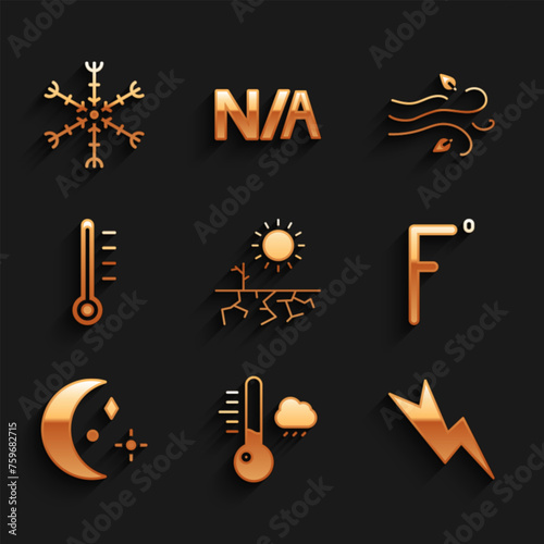 Set Drought, Meteorology thermometer, Lightning bolt, Fahrenheit, Moon and stars, Wind and Snowflake icon. Vector