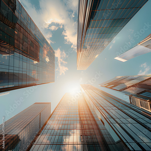 Few Tall Buildings with Tall Glass Windows from the Ground Perspective Generative AI
