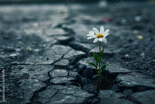 A small flower grows on a cracked street, symbolizing nature's resilience and beauty in the midst of urban infrastructure.