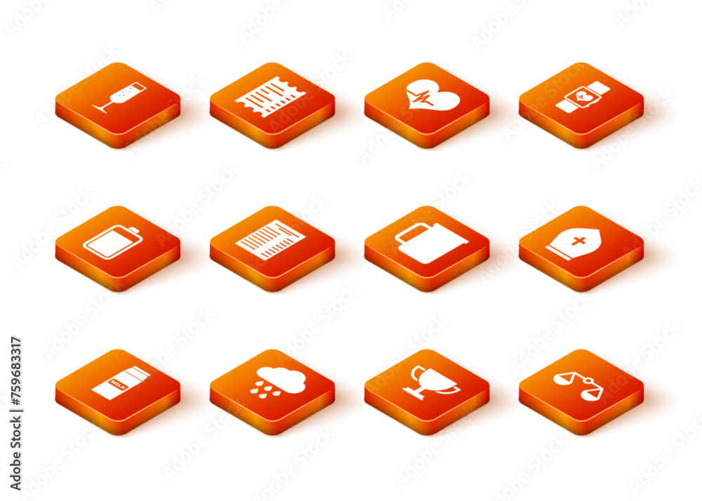 Set Paper package for milk, Cloud with rain, Battery, financial check, Trophy cup and Coffee icon. Vector Set Paper package for milk, Cloud with rain, Battery, financial check, Trophy cup and Coffee icon. Vector