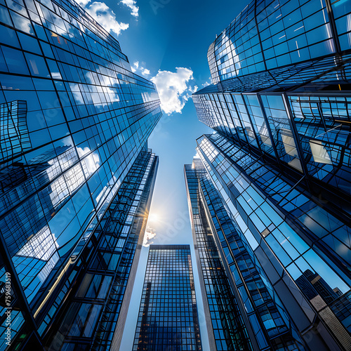 Few Tall Buildings with Tall Glass Windows from the Ground Perspective Generative AI
