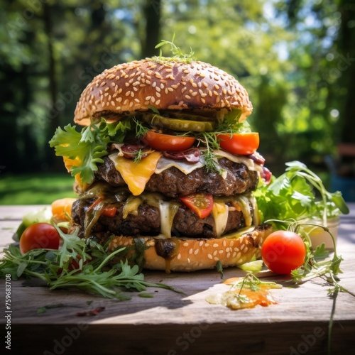 A large hamburger with lettuce, tomato, and cheese on top of a wooden table
