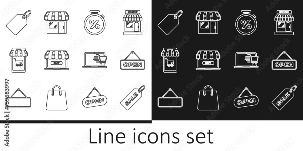 Set line Price tag with Sale, Hanging sign Open door, Stopwatch and percent, Online shopping, Mobile cart, Label template price, Shopping on laptop and Market store icon. Vector