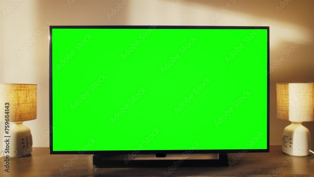 Stylish modern apartment interior with TV set with green screen. Living room at home with chroma key.