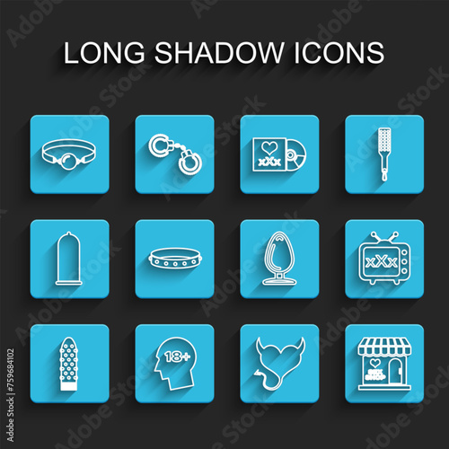 Set line Dildo vibrator, Head with 18 plus, Silicone ball gag, Devil heart horns, Sex shop building, Leather fetish collar, tv old television and Anal plug icon. Vector