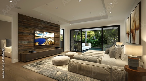 Modern style large bedroom incorporating a wall-mounted TV and a lounge area furnished with a sectional sofa and ottomans
