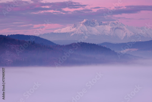 Fototapeta Naklejka Na Ścianę i Meble -  Landscape in the morning. There is fog in the valley. View of the Tatra Mountains from the Pieniny Mountain Range. Slovakia.