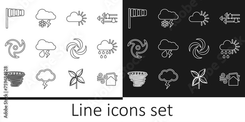 Set line Tornado swirl, Cloudy with rain and sun, lightning, Cone windsock wind vane, and snow icon. Vector