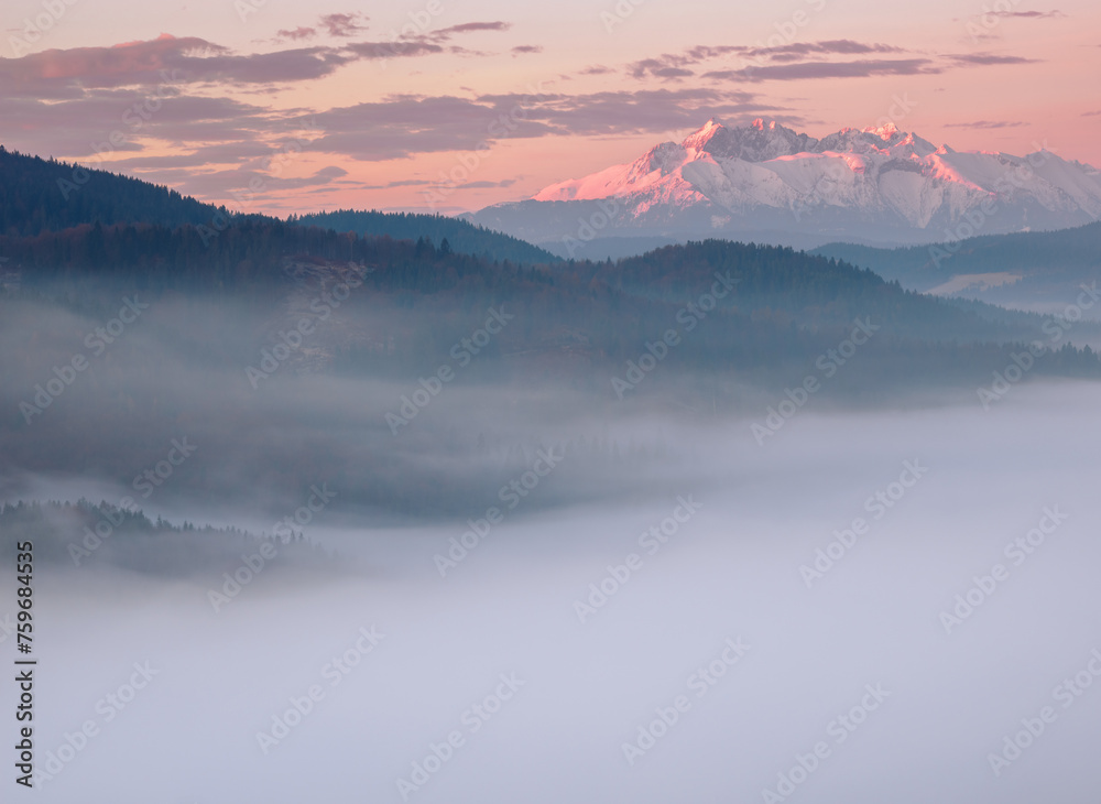 Landscape in the morning. There is fog in the valley. View of the Tatra Mountains from the Pieniny Mountain Range. Slovakia.