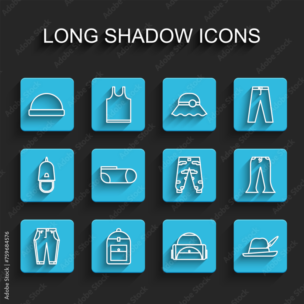 Set line Pants, Backpack, Beanie hat, Sport bag, Oktoberfest, socks, and Camouflage cargo pants icon. Vector Set line Pants, Backpack, Beanie hat, Sport bag, Oktoberfest, socks, and Camouflage cargo pants icon. Vector