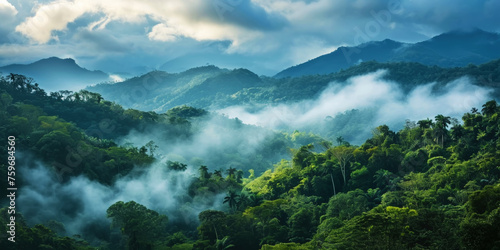 Tropical green mountains with mist. Cloudy foggy sky backdrop. Generative AI