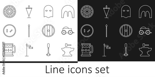 Set line Anvil for blacksmithing hammer, Wooden four-wheel cart, Executioner mask, Medieval spear, Round wooden shield, Old, and flag icon. Vector