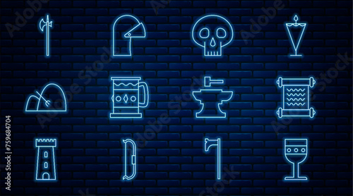 Set line Medieval goblet, Decree, parchment, scroll, Skull, Wooden mug, Bale of hay and rake, halberd, Anvil for blacksmithing hammer and iron helmet icon. Vector