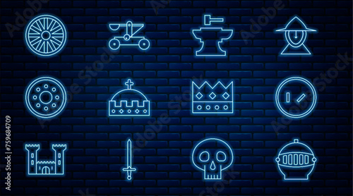 Set line Medieval iron helmet, Round wooden shield, Anvil for blacksmithing hammer, King crown, Old wheel, and Catapult shooting stones icon. Vector