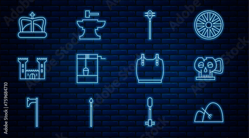 Set line Bale of hay and rake, Cup from the skull, Medieval chained mace ball, Well with bucket, Castle, King crown, Body armor and Anvil for blacksmithing hammer icon. Vector