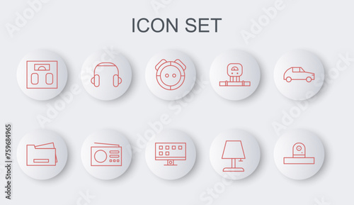 Set line Security camera, Printer, Robot vacuum cleaner, Table lamp, Bathroom scales, Headphones, Radio and Smart Tv icon. Vector