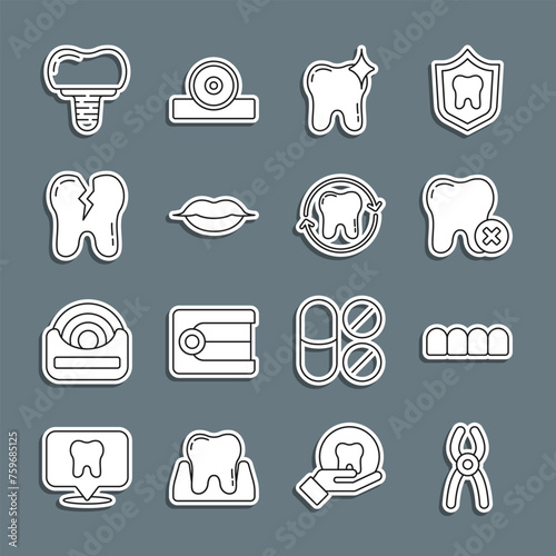 Set line Dental pliers, Dentures model, Tooth with caries, whitening, Smiling lips, Broken tooth, implant and icon. Vector