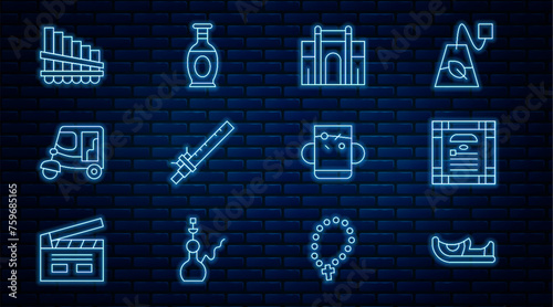 Set line Indian shoes, constitution day, Gate in Delhi, Bamboo flute indian, Taxi tuk tuk, Pan, Cup of tea and leaf and vase icon. Vector