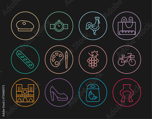 Set line Frog legs, Bicycle, French rooster, Paint brush with palette, baguette bread, beret, Grape fruit and Wrist watch icon. Vector