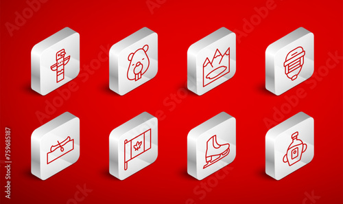 Set line Maple syrup, Beaver animal, Canadian lake, Hockey helmet, Skates, totem pole, Flag of Canada and Kayak or canoe icon. Vector