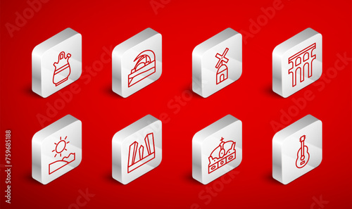 Set line Spanish guitar, Concert hall de Tenerife, Windmill, Aqueduct of Segovia, Crown spain, Sangria pitcher, Gate Europe and Beach icon. Vector