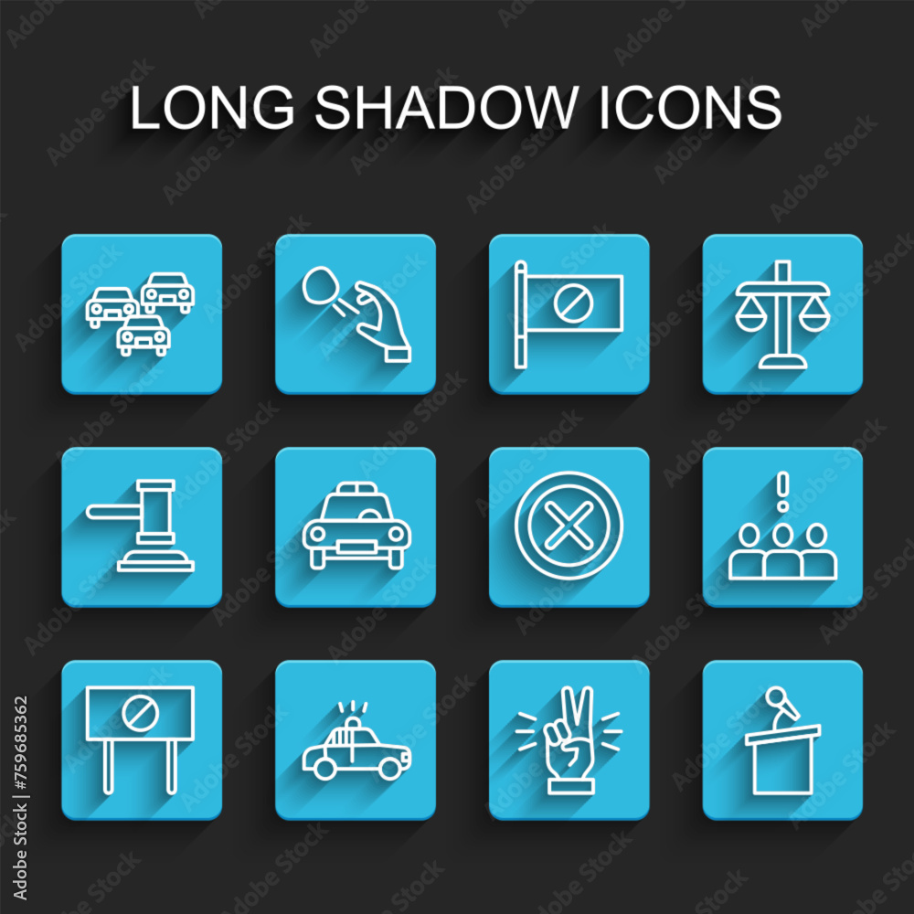Set line Protest, Police car and flasher, Traffic jam, Hand showing two finger, Stage stand or tribune, Crowd protest and X Mark, Cross circle icon. Vector Set line Protest, Police car and flasher, Traffic jam, Hand showing two finger, Stage stand or tribune, Crowd protest and X Mark, Cross circle icon. Vector