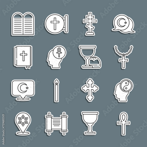 Set line Cross ankh, Yin Yang, Christian cross on chain, Holy bible book, The commandments and grail or chalice icon. Vector