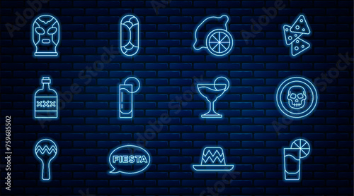 Set line Tequila glass with lemon, Mexican skull coin, Lemon, bottle, wrestler, Margarita cocktail and Burrito icon. Vector