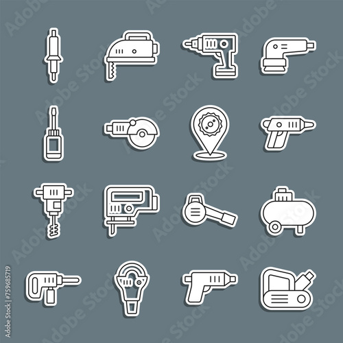 Set line Electric planer tool, Air compressor, cordless screwdriver, Angle grinder, Screwdriver, Soldering iron and Circular saw blade icon. Vector