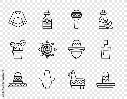 Set line Mexican sombrero, Maracas, man, Poncho, Sun, Pinata and Tequila bottle icon. Vector