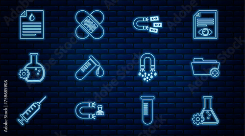 Set line Bioengineering, Health record folder, Magnet with money, Test tube drop of blood, Clipboard test, and Crossed bandage plaster icon. Vector