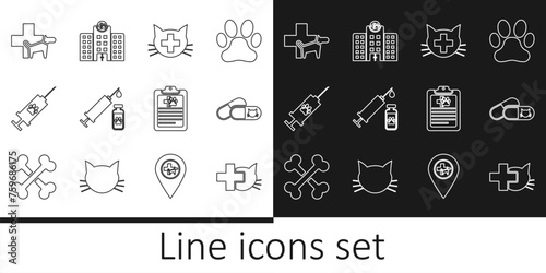 Set line Veterinary clinic, Cat and pills, Syringe with pet vaccine, Clinical record and medicine hospital icon. Vector