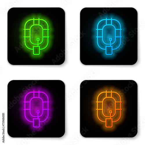 Glowing neon line Inflatable boat icon isolated on white background. Rafting boat. Water sports, extreme sports, holiday, vacation. Black square button. Vector
