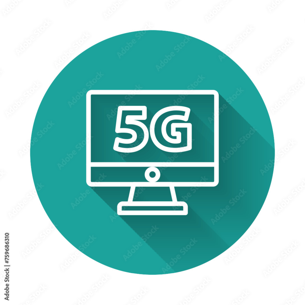 White line Monitor with 5G new wireless internet wifi icon isolated with long shadow. Global network high speed connection data rate technology. Green circle button. Vector White line Monitor with 5G new wireless internet wifi icon isolated with long shadow. Global network high speed connection data rate technology. Green circle button. Vector