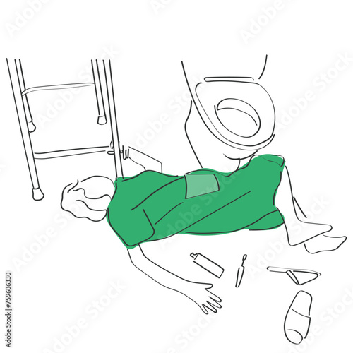 hand drawn line art vector of an elderly patient fell on the ground in restroom. Traumatic head injuries in older people.