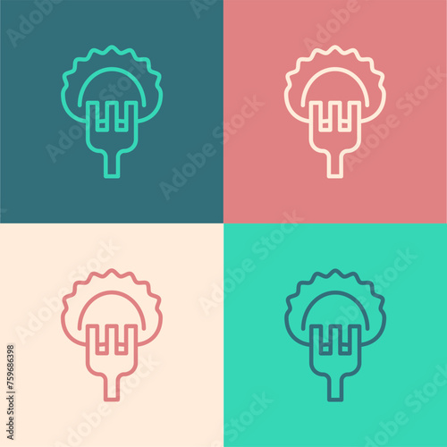 Pop art line Dumplings on fork icon isolated on color background. Pierogi, varenyky, pelmeni, ravioli. Traditional Ukrainian food. Vector