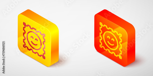 Isometric line LSD acid mark icon isolated on grey background. Acid narcotic. Postmark. Postage stamp. Health danger. Yellow and orange square button. Vector