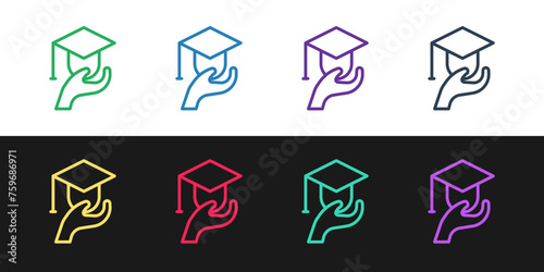 Set line Education grant icon isolated on black and white background. Tuition fee, financial education, budget fund, scholarship program, graduation hat. Vector