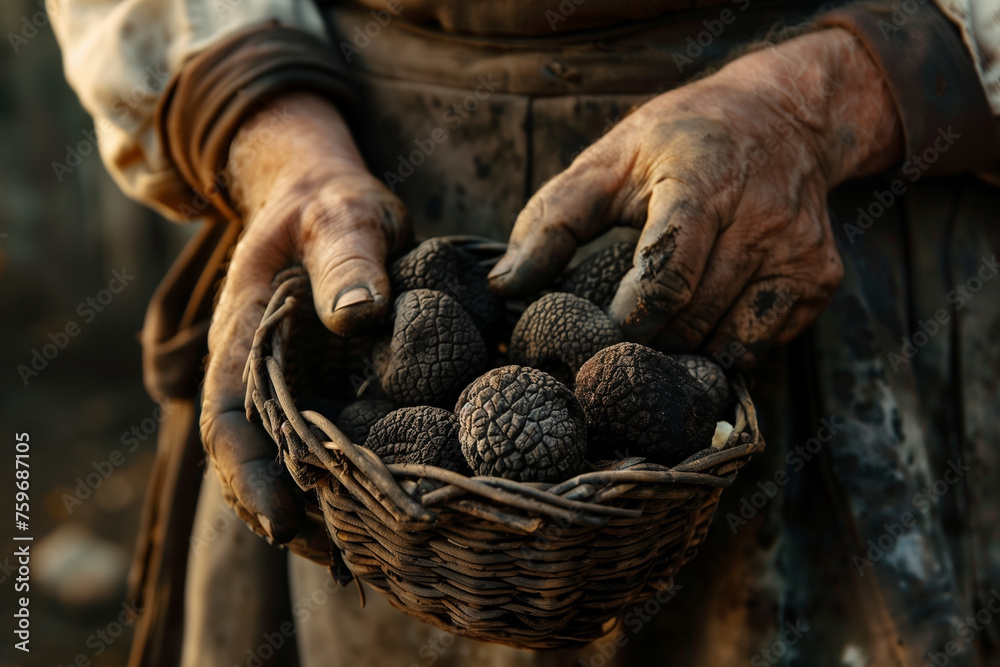 Expensive black truffles mushrooms in wicker basket in hands of woman farmer
