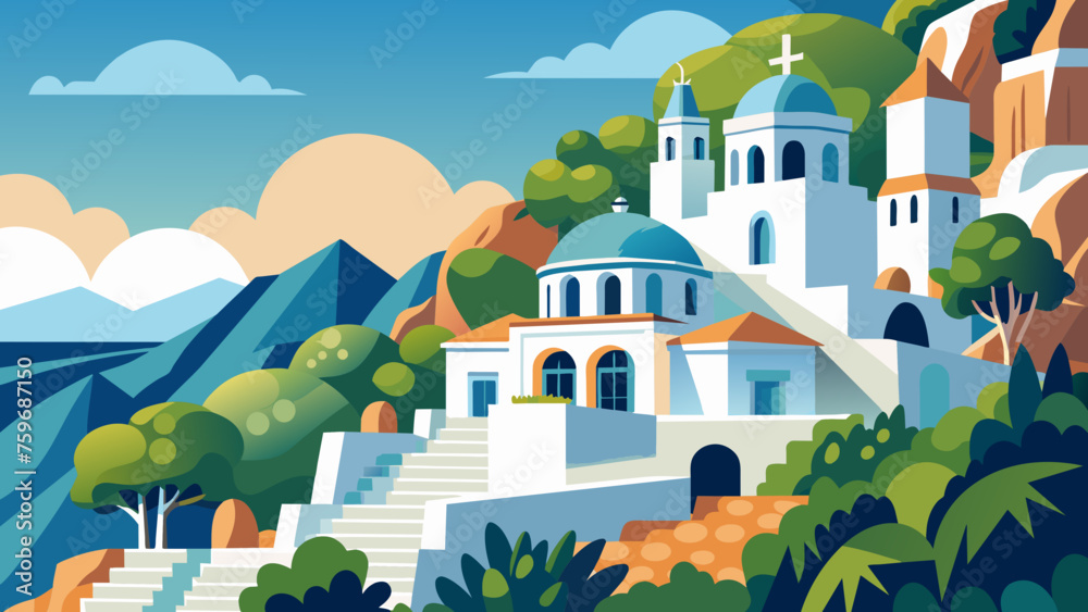 Greek villa white on mountain side vector art illustration